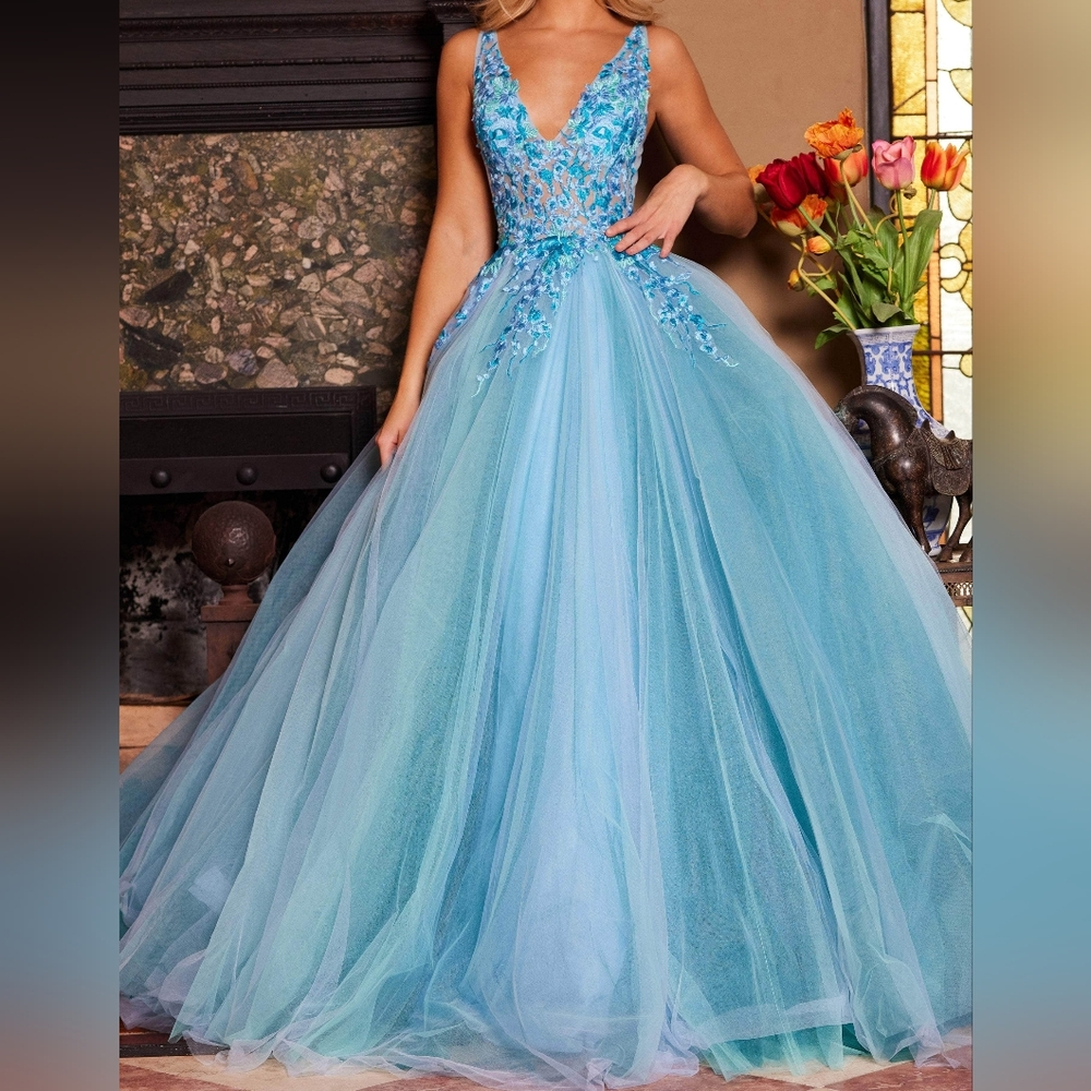 Jovani Blue Floral Lace V Neck Ball Gown - Size 10 (Style #23577)